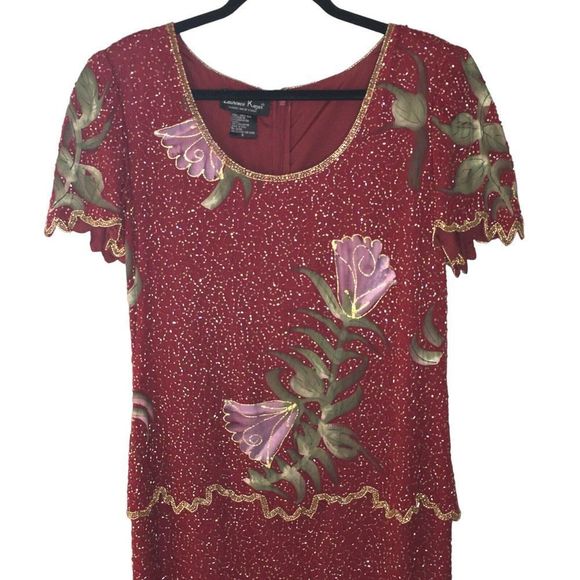 Laurence Kazar Vintage Beaded Dress Red Gold Tulips Long Evening Gown Size 8 - Picture 4 of 9